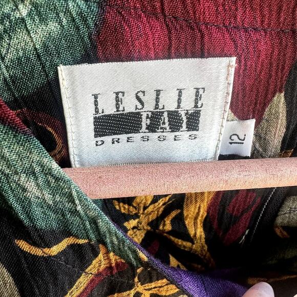 Leslie Fay Vintage Floral Long Sleeve Midi Dress S 12 Tie Waist Cottage Garden - Picture 4 of 9